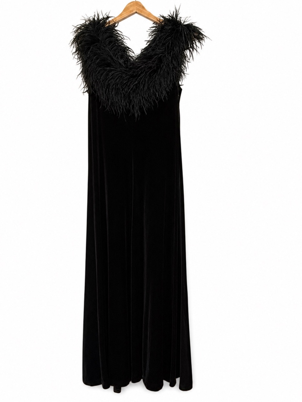 Vintage Jeffrey & Dara Tom Barra Black Velvet Feather Trim Evening Gown 16W
